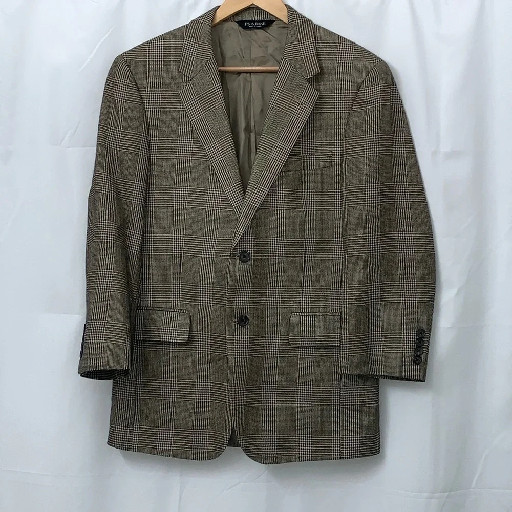 Jos A Bank Signature Collection Silk Camelhair Blazer Brown Plaid Sport Coat 38S